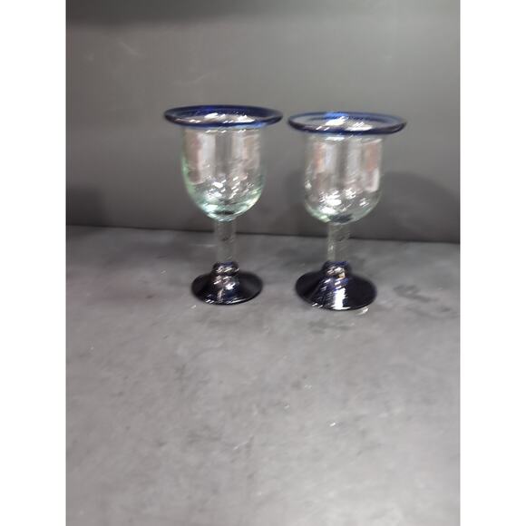Hand Blown Glass Wine Goblets, Cobalt Blue Rim & Base, Bubbles Design, Drinkware - Picture 4 of 9